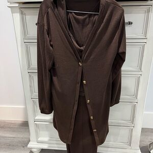 3 piece Brown Button-Up Cardigan, Top and Pants Set
